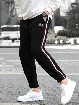 Slazenger Fleece Stylish Sweatpants For Men-Black with Maroon & White Stripe-BE2229/BR14341