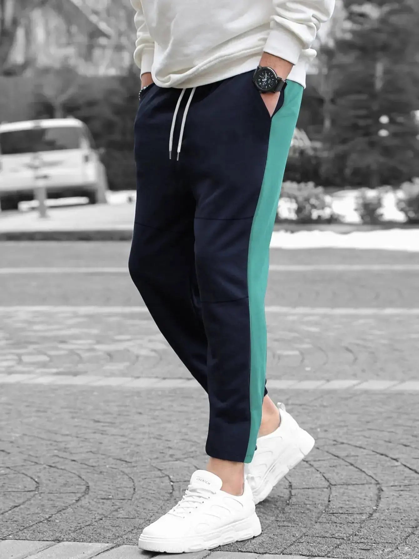 Summer Single Jersey Slim Fit Trouser For Men-Navy With Dark Cyan Stripe-SP130/RT2100