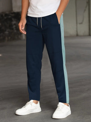 Summer Single Jersey Slim Fit Trouser For Men Navy With Cyan Stripes-SP159
