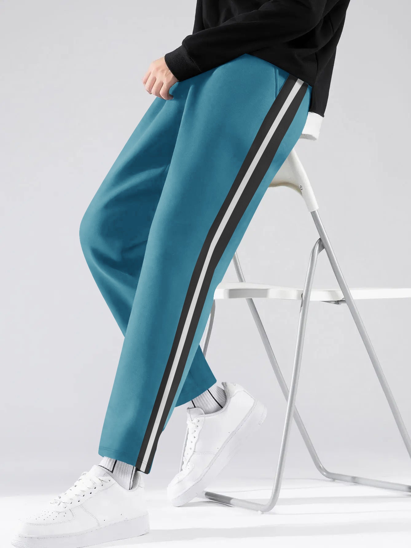 Louis Vicaci Slim Fit Summer Trouser For Men-Blue with Black & White Stripes-SP2506