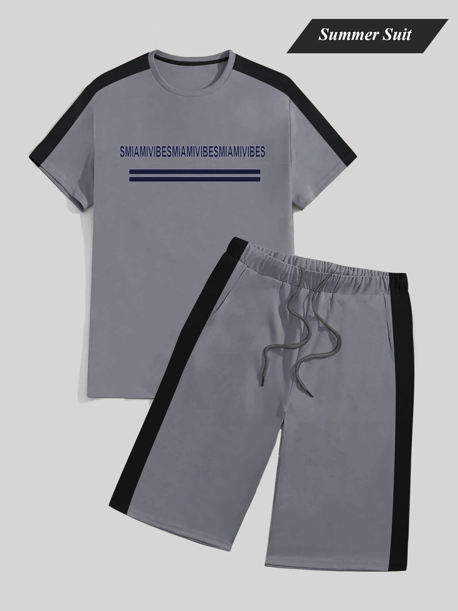 Summer Fashion T-Shirt & Lounge Short Suit For Men-Slate Grey with Black Panel-BE897/BR13156