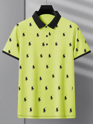 PRL Summer Polo Shirt For Men-Lime Green with Allover Print-BE682/BR12935