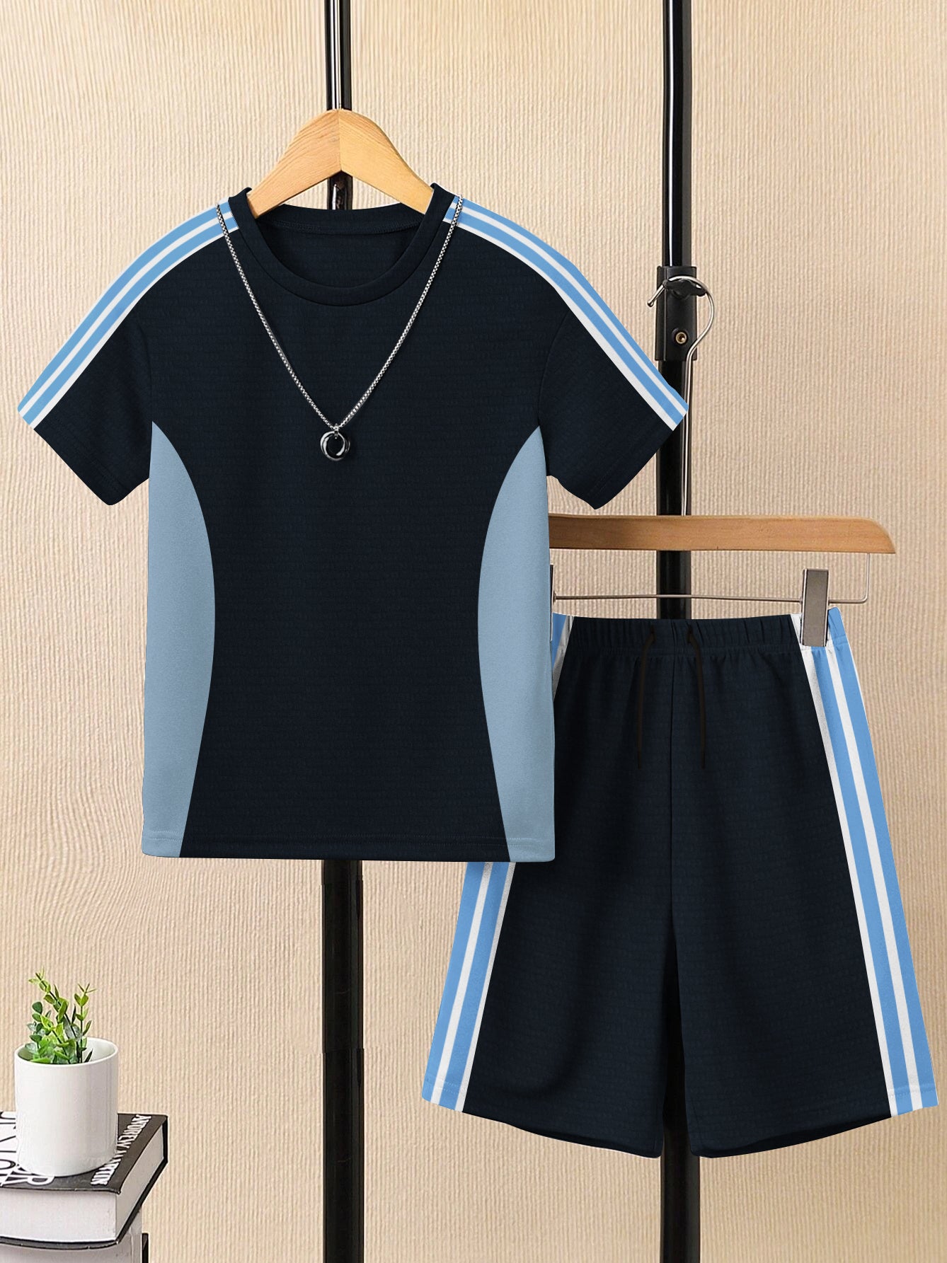 Summer T Shirt & Short Suit For Kids-Navy with Sky & Navy, White  Stripe-BE3306/BR15744