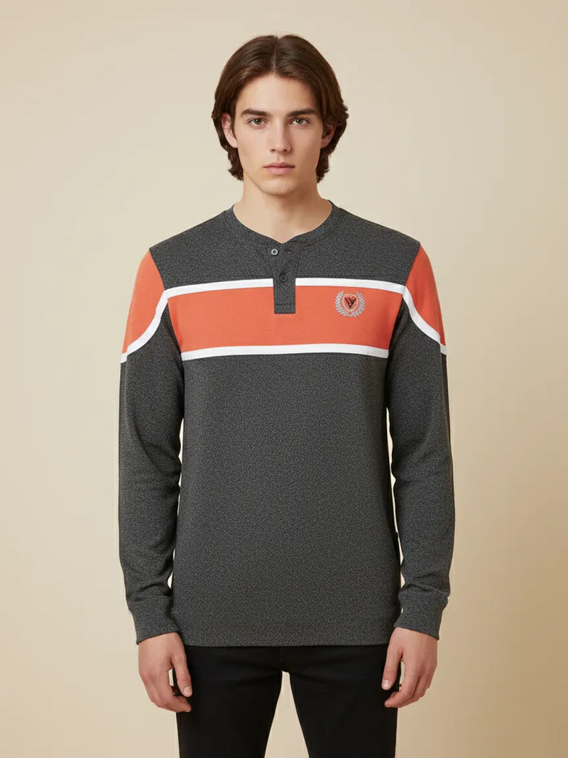 Louis Vicaci P.Q Long Sleeve Henley Shirt For Men-Charcoal Melange With Light Orange-PN04