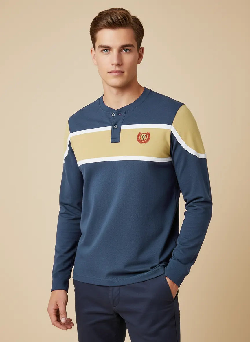 Louis Vicaci P.Q Long Sleeve Henley Shirt For Men-Dark Blue With Light Yellow-PN11