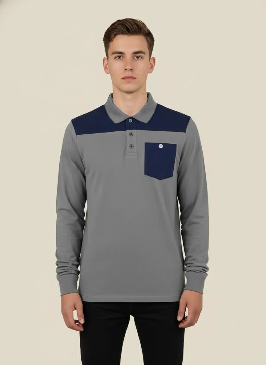 Louis Vicaci Long Sleeve Polo For Men-Grey & Navy-LVS08