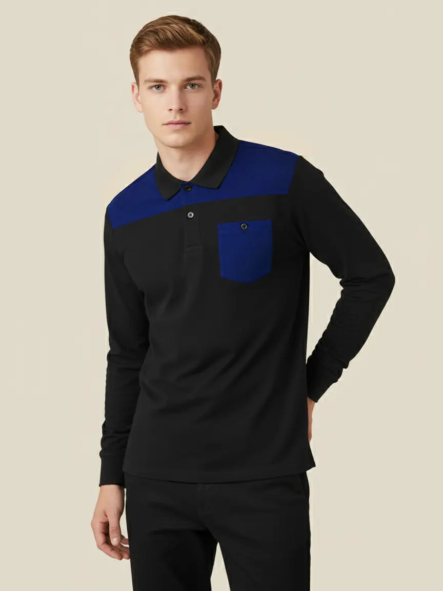 Louis Vicaci Long Sleeve Polo For Men-Black & Blue-LVS09