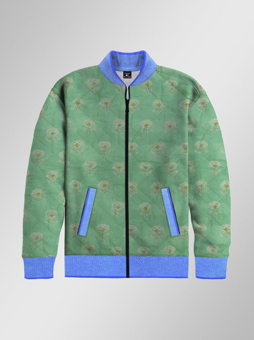 Quilted Zipper Baseball Jacket For Kids-Green & Allover Print-BE113/BR930