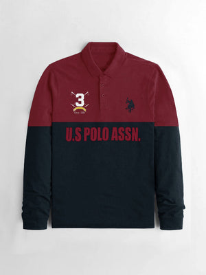 U.S.P.A Long Sleeve Polo Shirt For Men-Dark Red & Navy-BE2374