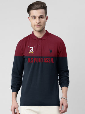 U.S.P.A Long Sleeve Polo Shirt For Men-Dark Red & Navy-BE2374