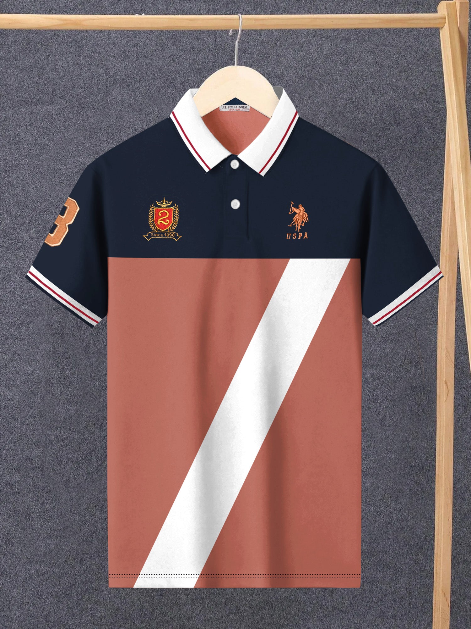 U.S Polo Assn. Summer Polo Shirt For Men-Dark Navy with Light Orange & White Panel-BE830/BR13069