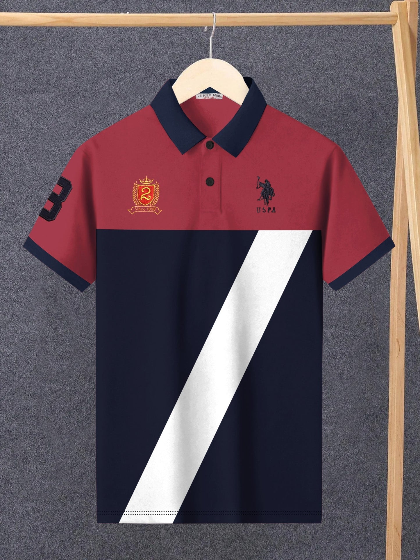 U.S Polo Assn. Summer Polo Shirt For Men-Dark Pink with Navy & White Panel-BE807
