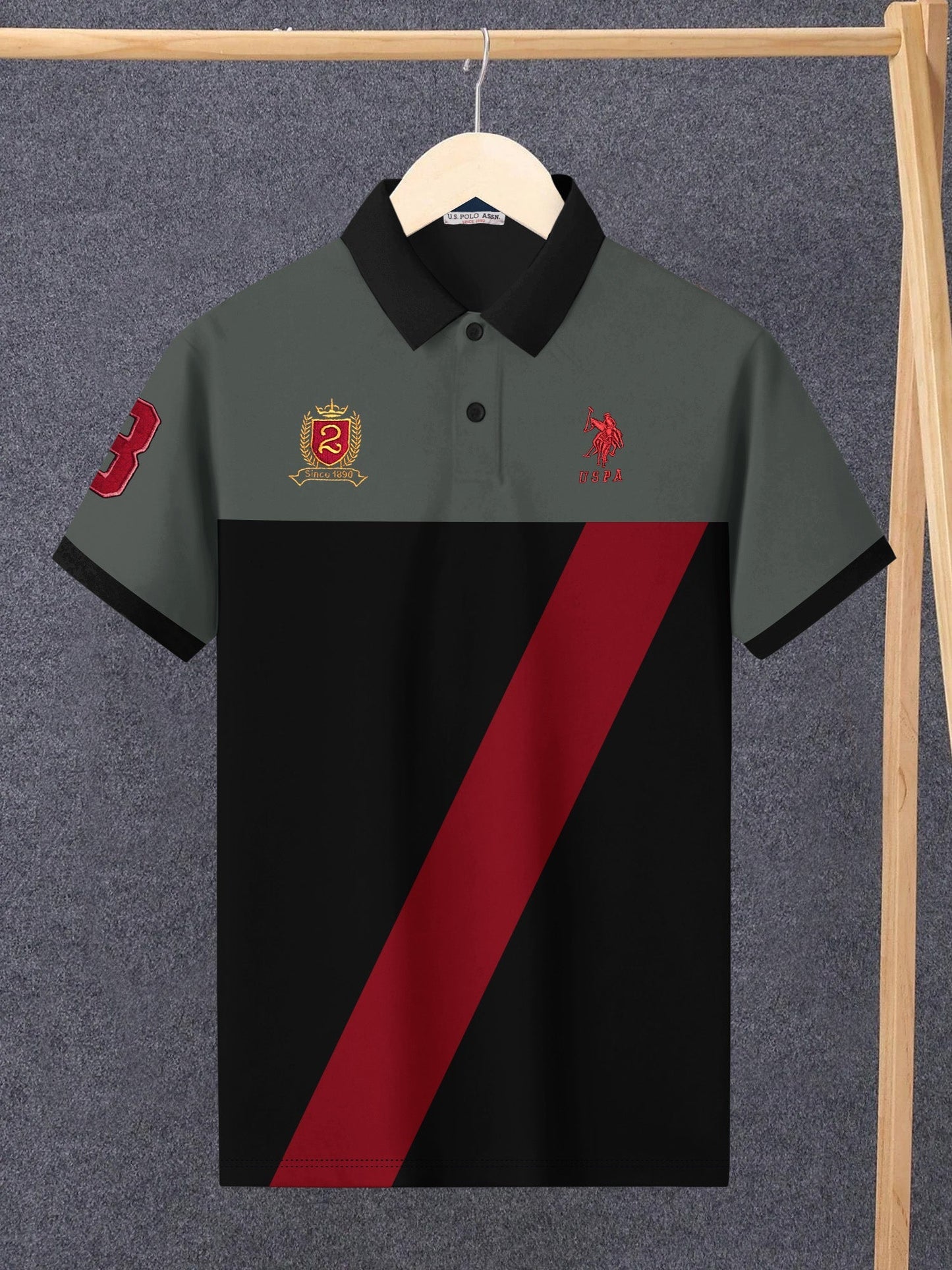 U.S Polo Assn. Summer Polo Shirt For Men-Olive with Black & Red Panel-BE831/BR13070