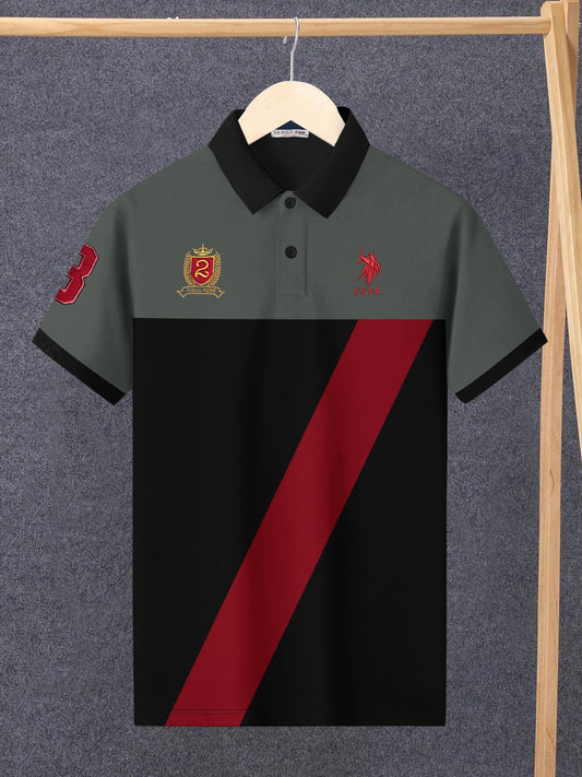 U.S Polo Assn. Summer Polo Shirt For Men-Olive with Black & Red Panel-BE831/BR13070