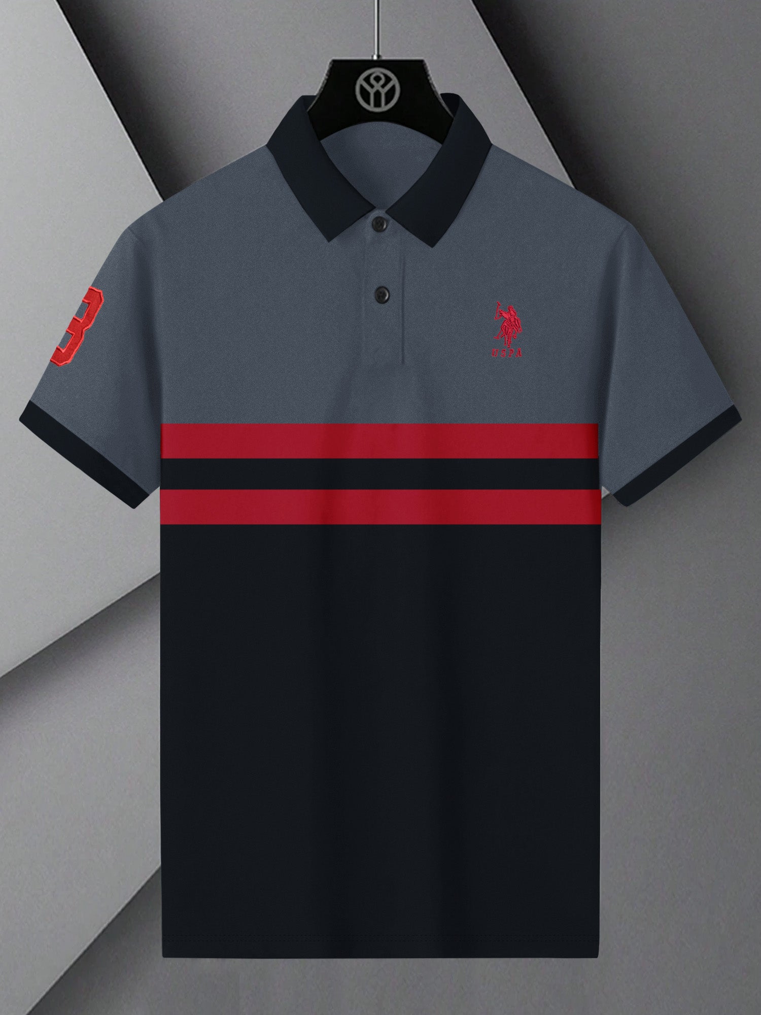 U.S Polo Assn. Summer Polo Shirt For Men-Slate Grey with Black & Red Panel-BE881/BR13119