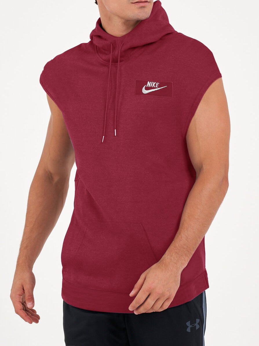 NK Fleece Cowl Neck Sleeveless Hoodie For Men-Maroon-SP334/RT2135