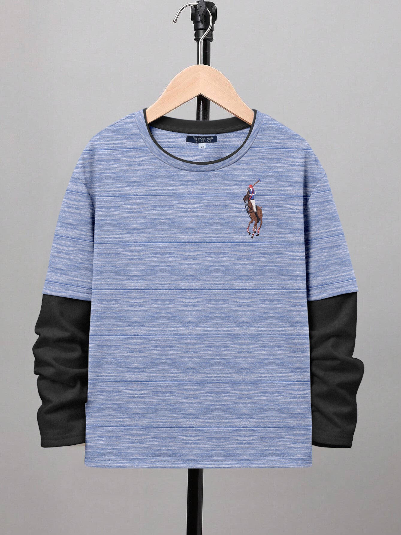 US POLO ASSN Single Jersey Long Sleeve Tee Shirt For Kids-Blue & Charcoal Melange-BE1156