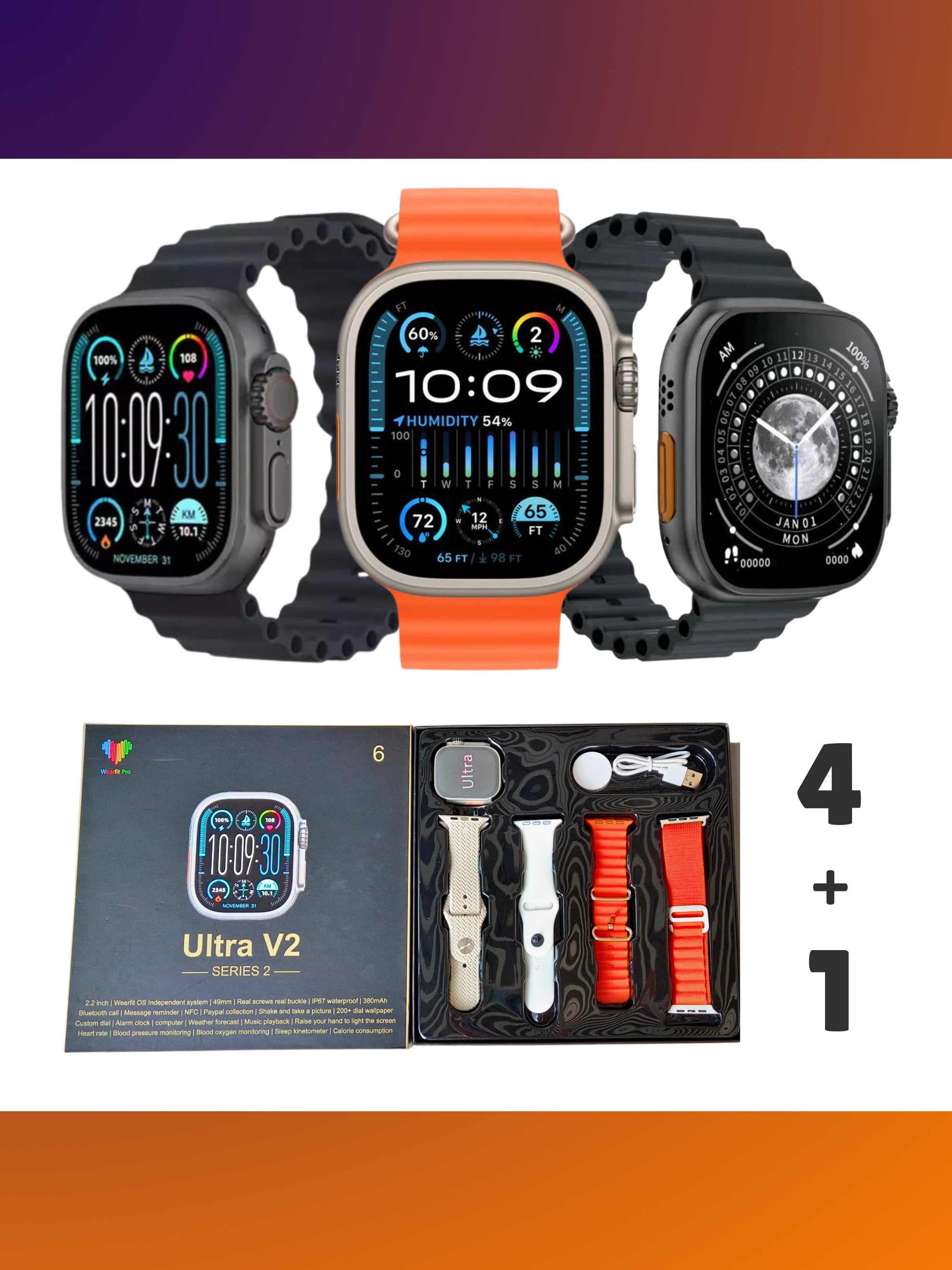 Ultra V2 New Fashion 2.2 Large Screen With 4 Straps Smart Watch With Wearfit Pro App-BE1888/BR14037