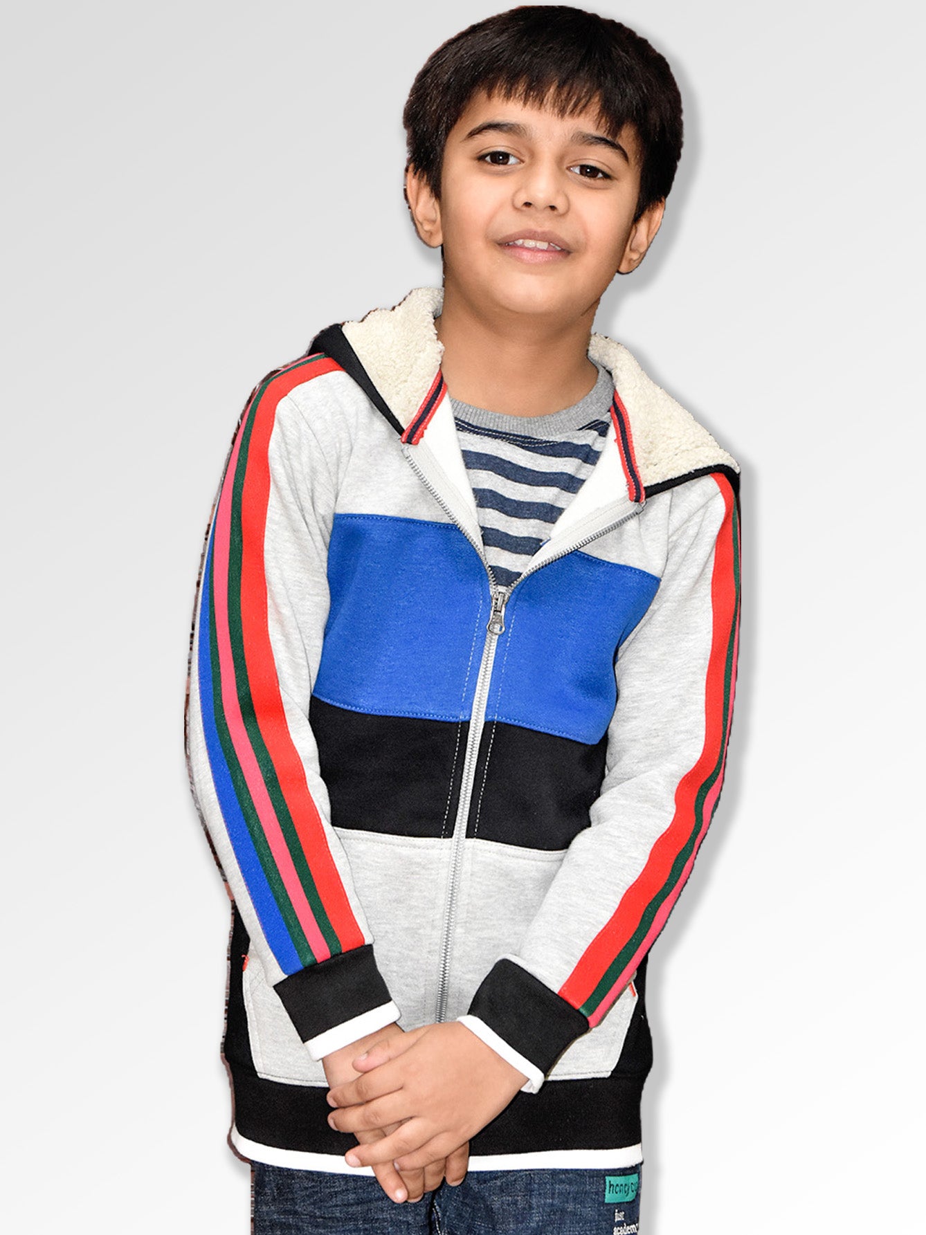 NXT Inner Hood Fur Fleece Full Zipper Hoodie For Kids-Grey with Black & Blue Panels-BR14425