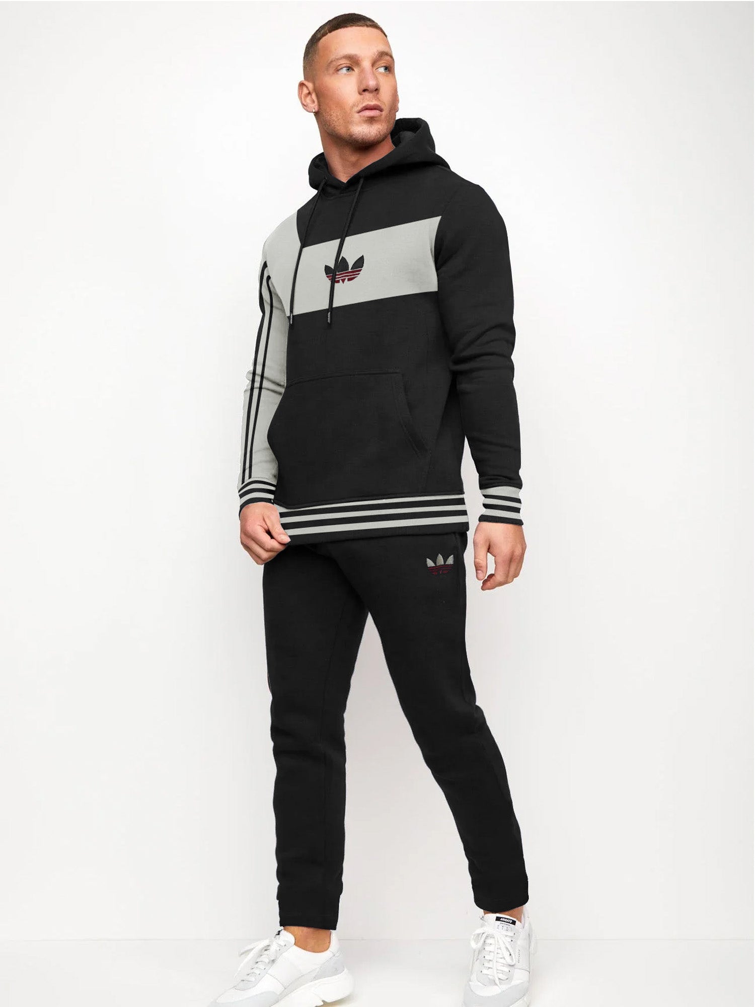 Adidas Pullover Tracksuit For Men-Black with Grey-SP1226