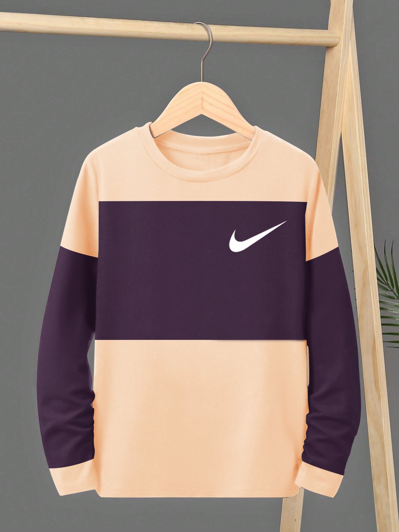 NK Crew Neck Single Jersey Long Sleeve Tee Shirt For Kids-Peach with Purple Panel-SP2297