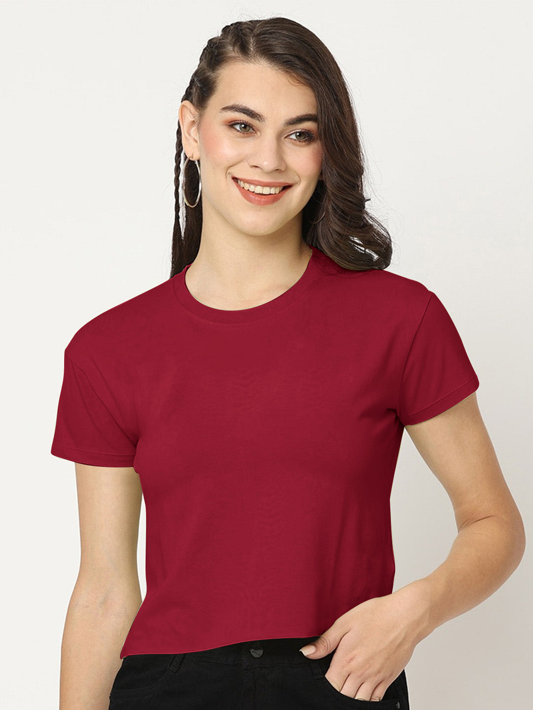 Popular Sports Crew Neck Crop Top For Women-Dark Red-BE1439