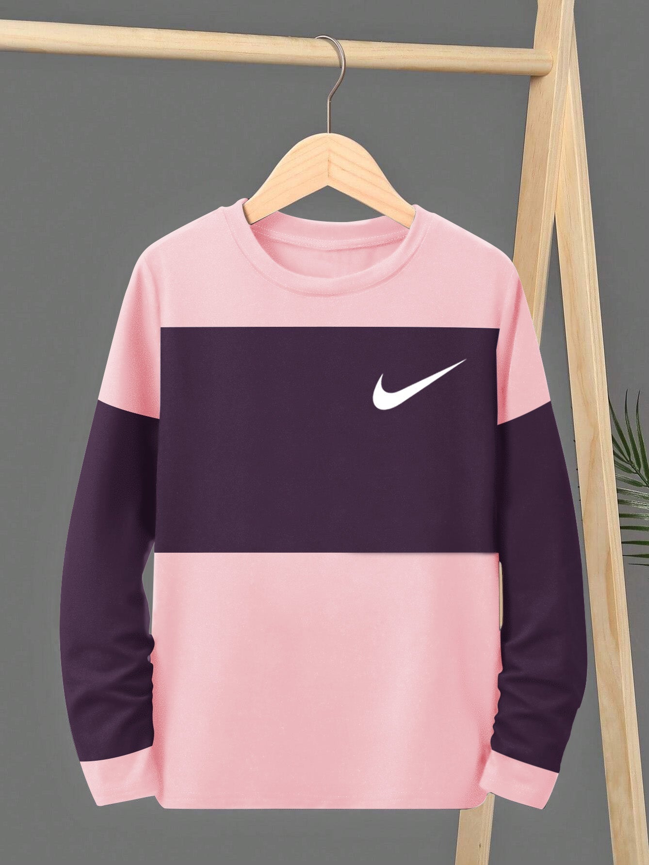 NK Crew Neck Single Jersey Long Sleeve Tee Shirt For Kids-Pink Faded with Purple Panel-SP2244