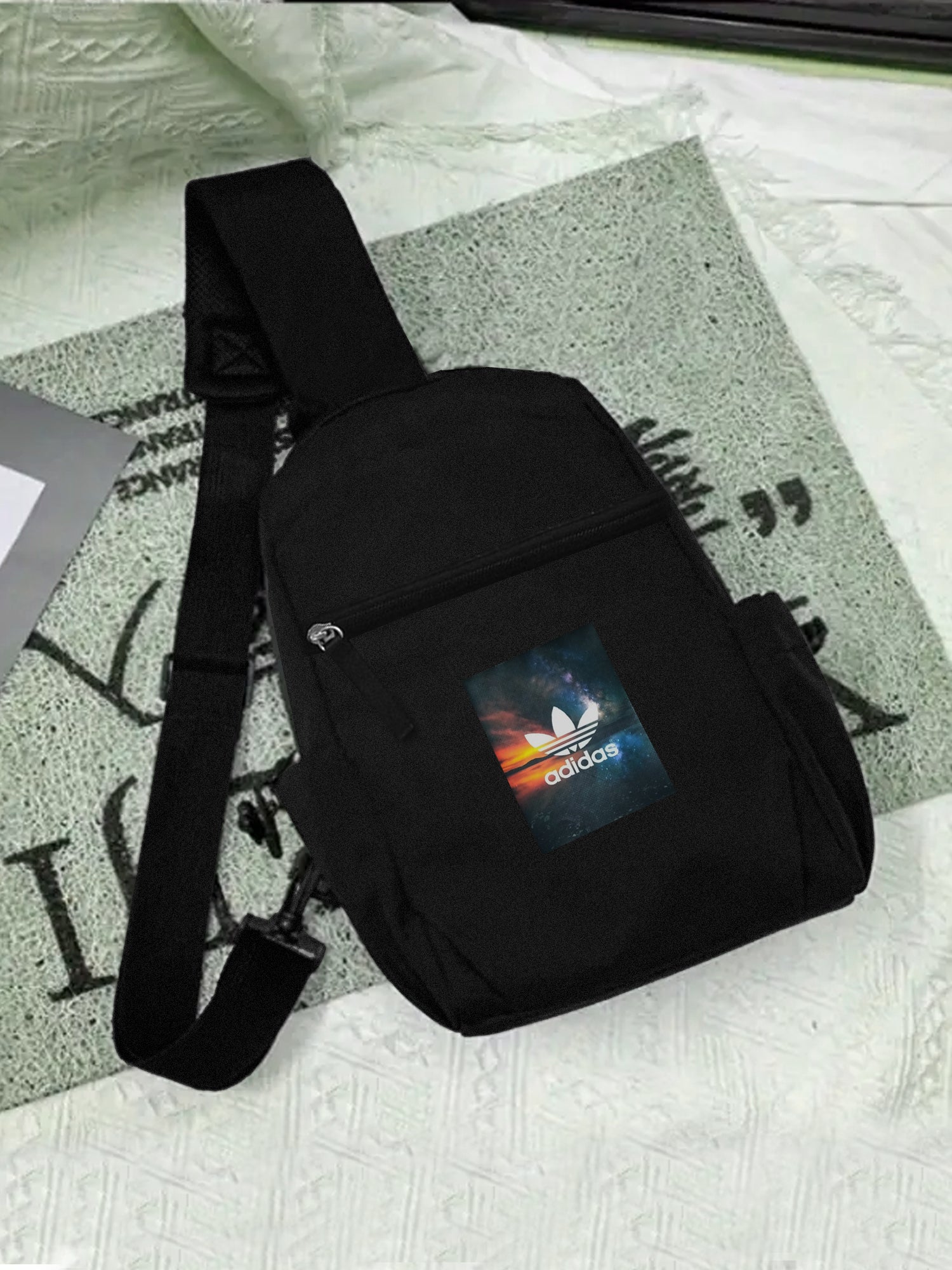 ADIDAS Unisex Cross Body Travel Shoulder Bag-Black with Print-SP1467