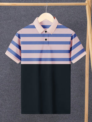 NXT Summer Polo Shirt For Men-Dark Navy & Pink with Blue Stripes-SP1509