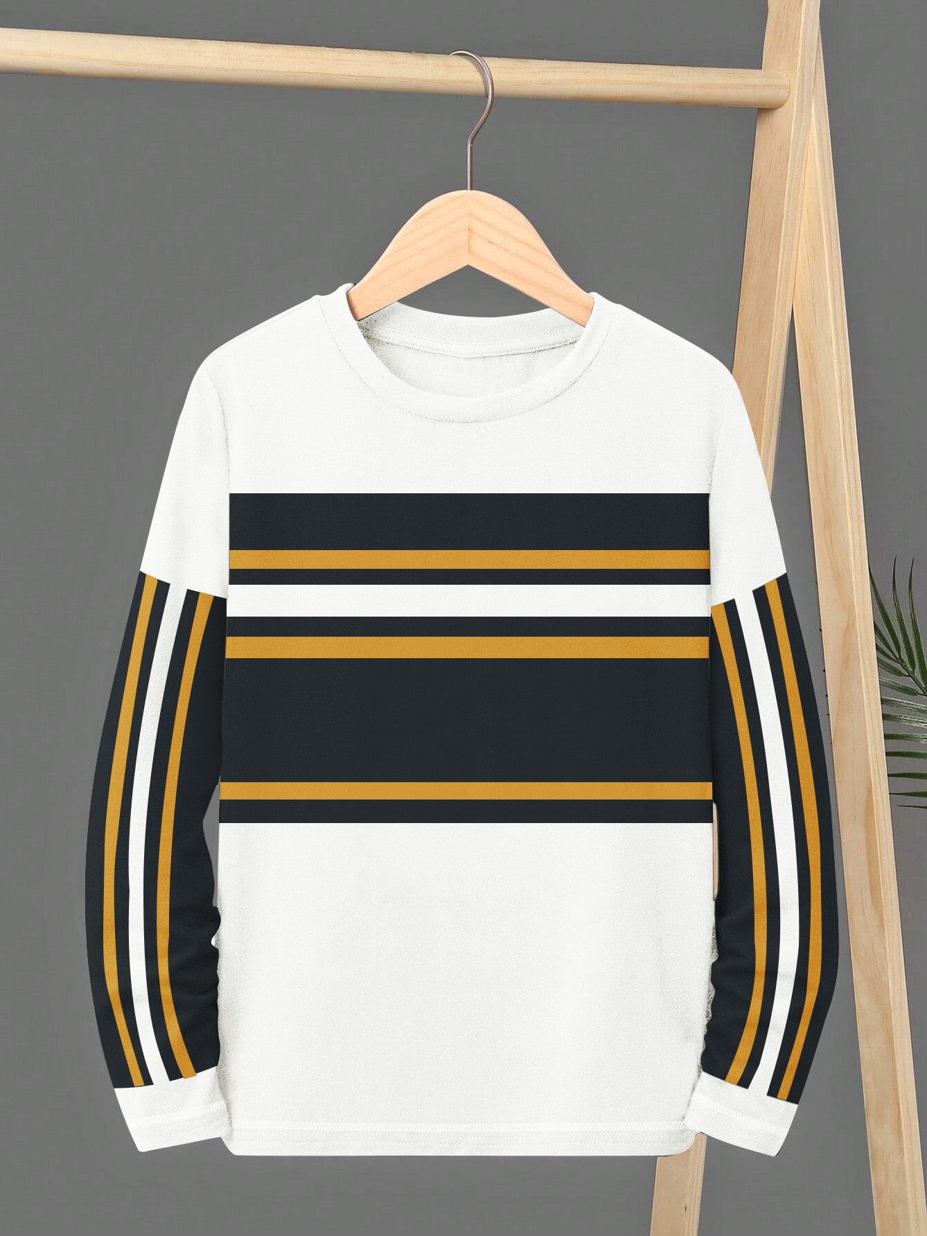 NXT Crew Neck Single Jersey Long Sleeve Tee Shirt For Kids-White & Navy Panel with Stripes-SP2278