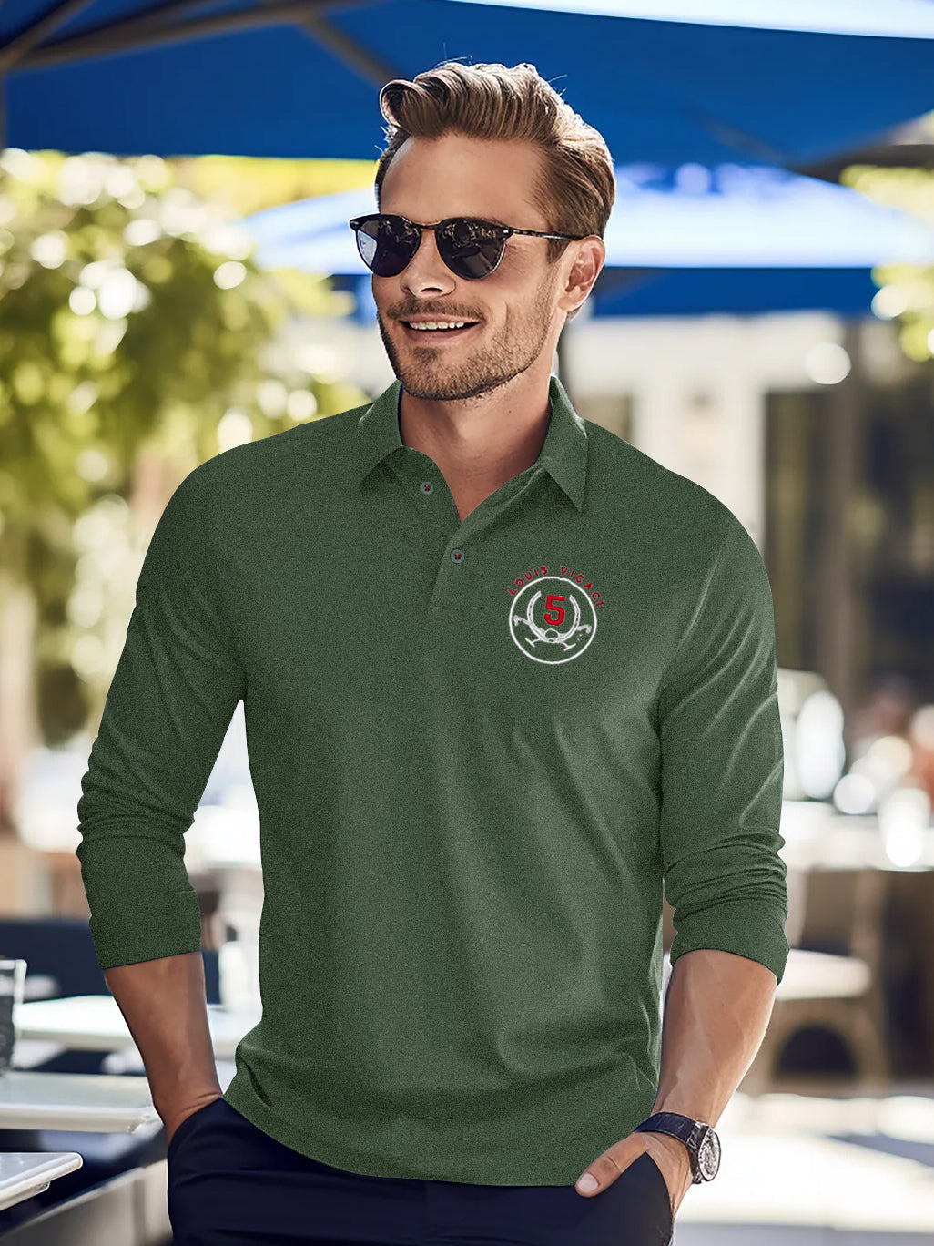 Louis Vicaci Long Sleeve P.Q Polo Shirt For Men-Green Melange-SP1798