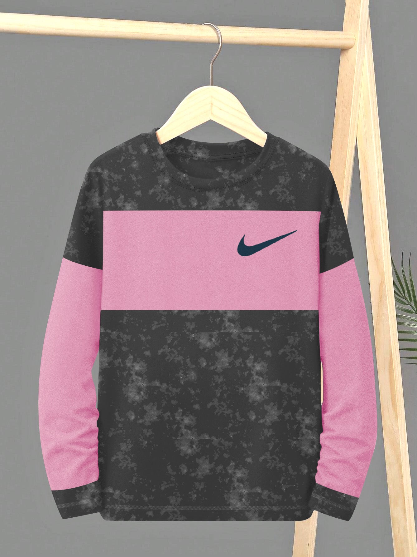 NK Single Jersey Long Sleeve Tee Shirt For Kids-Black Faded With Pink Panel-SP2276