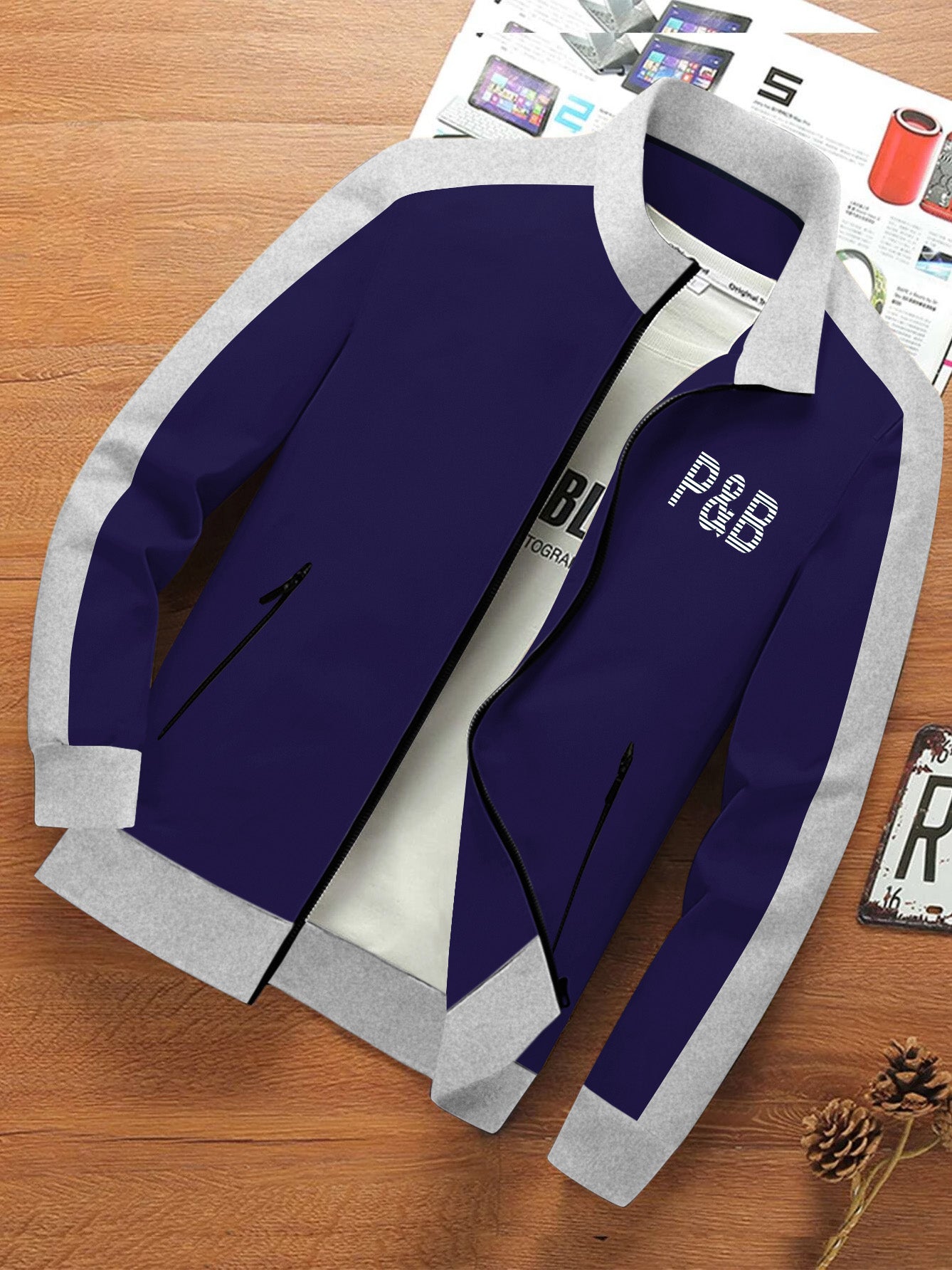 P&B Terry Fleece Zipper Mock Neck Jacket For Men-Dark Purple with Grey Melange-BE537