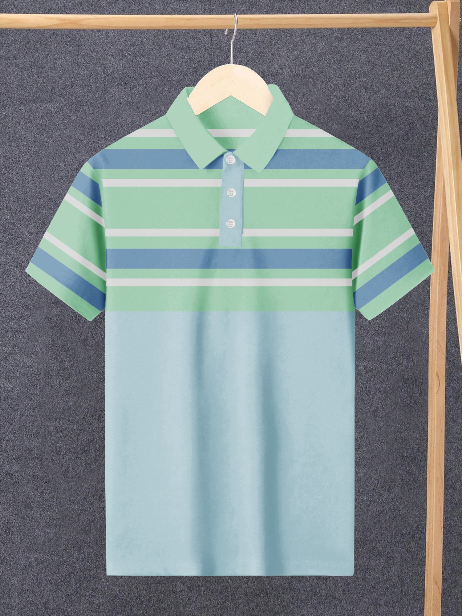 NXT Summer Polo Shirt For Men-Sky Blue & Light Green with Blue & White Stripes-SP1510