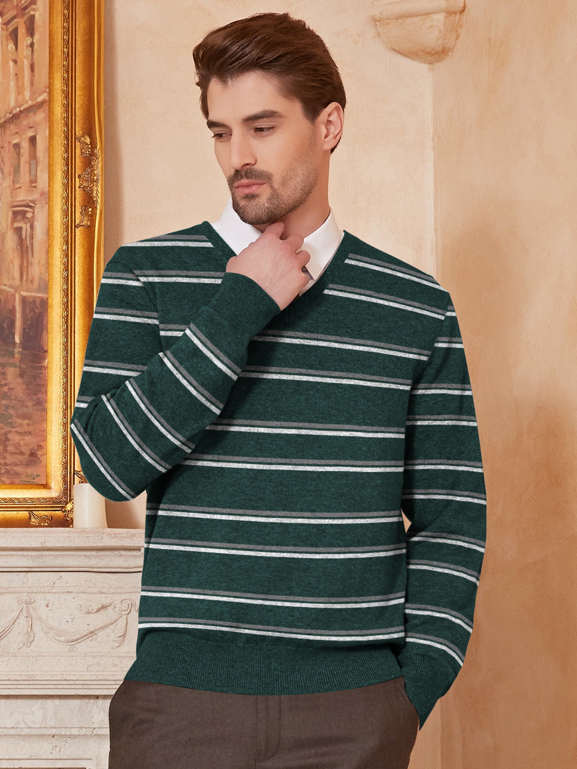 Full Fashion Wool V Neck Sweatshirt For Men-Dark Green-BE368/BR1140
