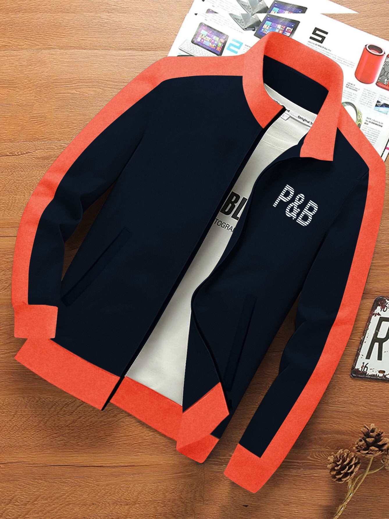 P&B Fleece Zipper Mock Neck Jacket For Men-Dark Navy with Orange Melange-BE556