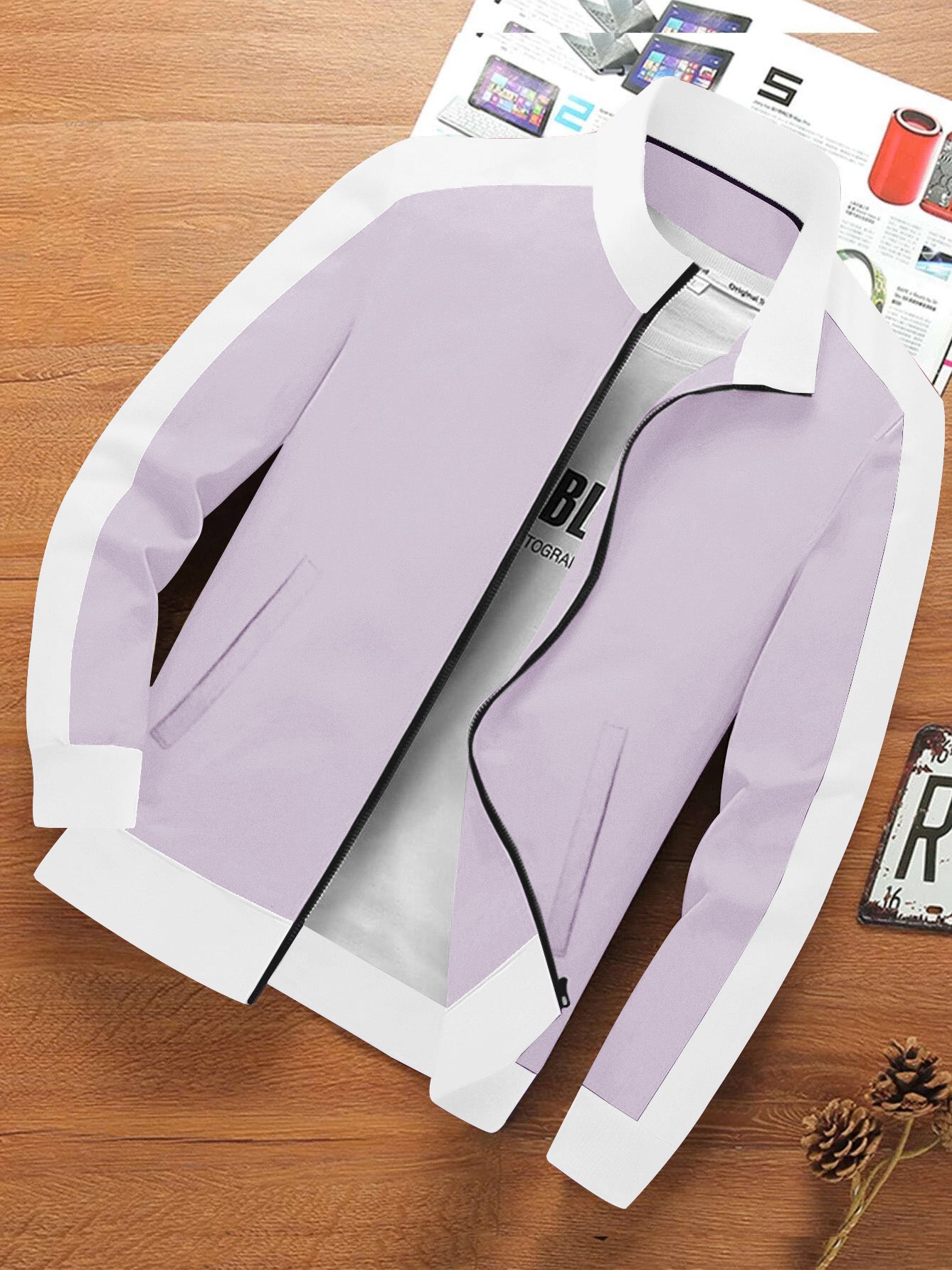 NXT Terry Fleece Zipper Mock Neck Jacket For Men-Light Purple with White-SP3418