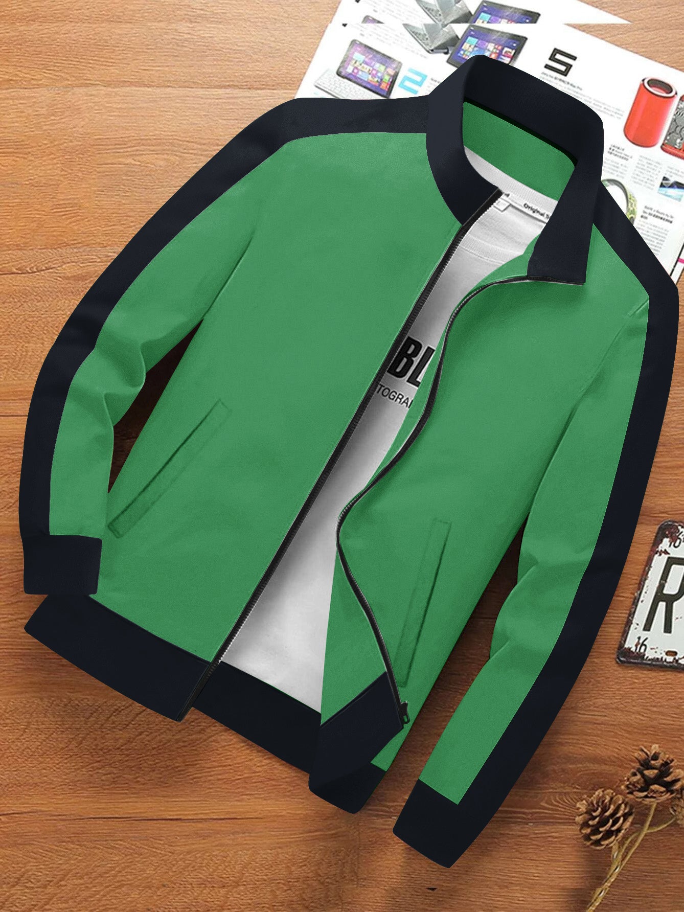 NXT Terry Fleece Zipper Mock Neck Jacket For Men-Green with Black-SP3422