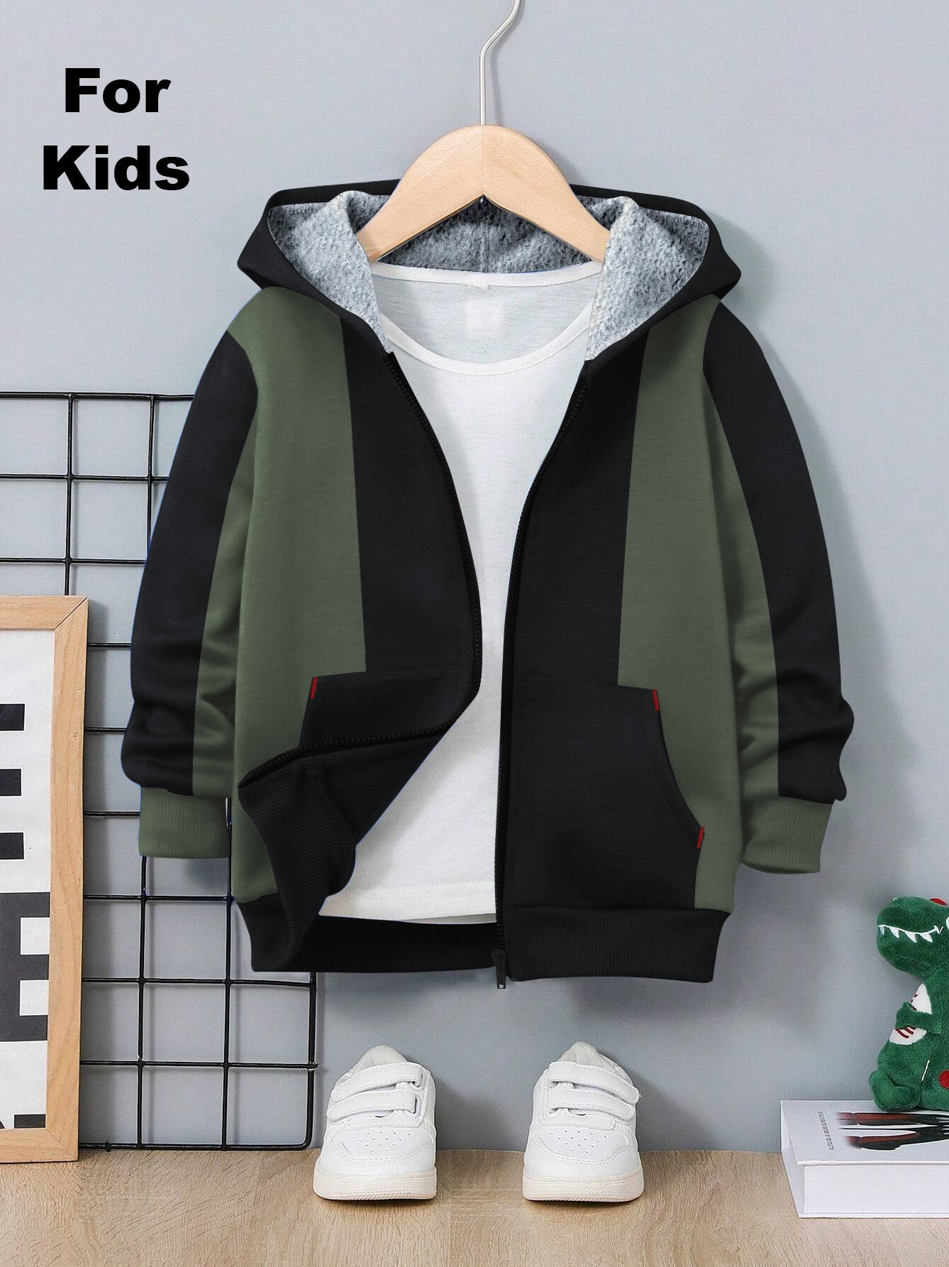 NXT Inner Fur Hood Fleece Full Zipper Hoodie For Kids-Black with Green Panels-BE2673/BR14579