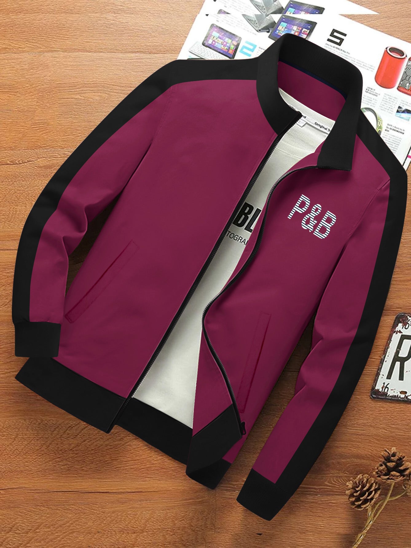 P&B Fleece Zipper Mock Neck Jacket For Men-Magenta with Black-BE492/BR1270
