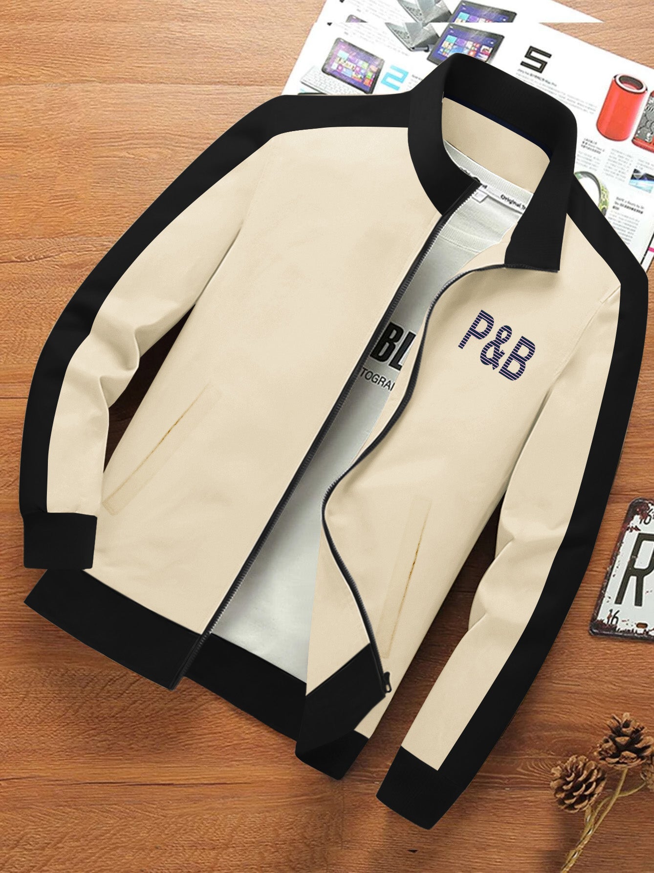 P&B Fleece Zipper Mock Neck Jacket For Men-Light Skin with Black-BE485/BR1261