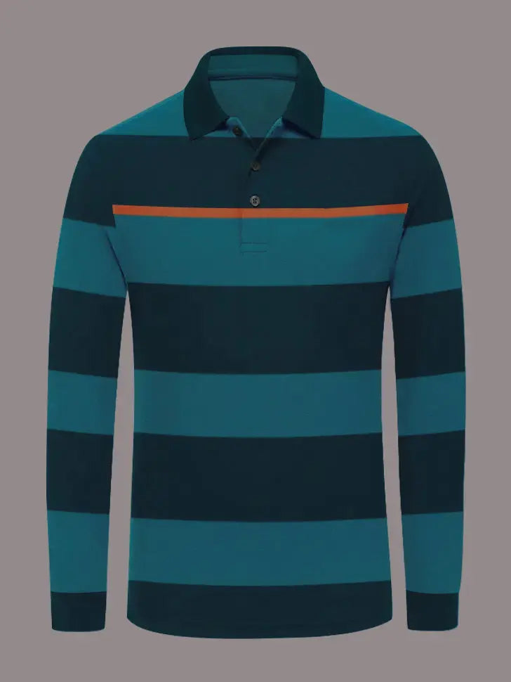 Louis Vicaci Long Sleeve Polo Shirt For Men-Dark Blue with Orange & Navy Stripe-BE79/BR898