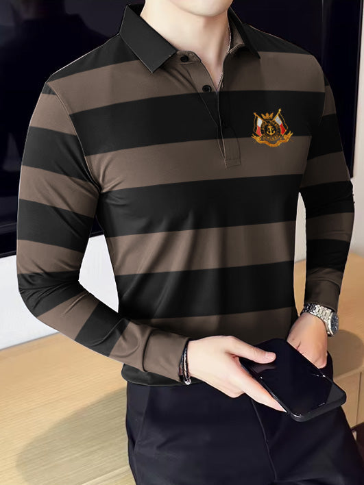 Louis Vicaci Long Sleeve Polo Shirt For Men-Brown with Black Stripe-BR897