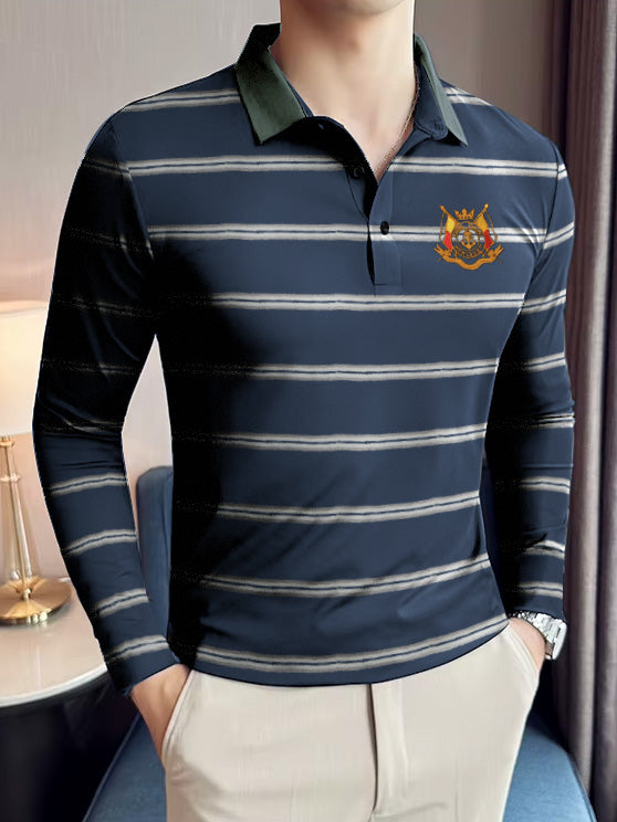 Louis Vicaci Long Sleeve Polo Shirt For Men-Navy with Stripe-BR902