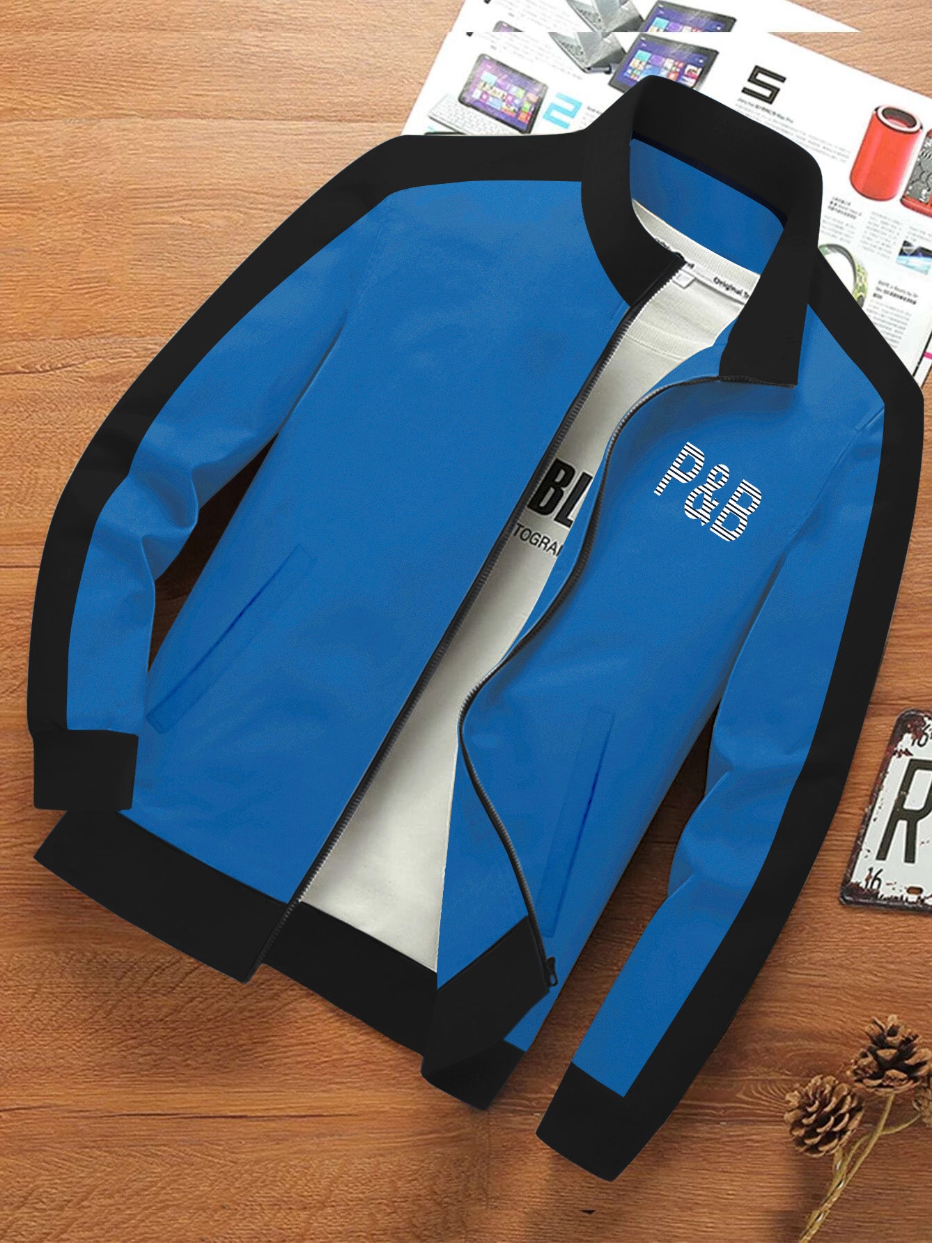 P&B Fleece Zipper Mock Neck Jacket For Men-Cyan with Black-BE545