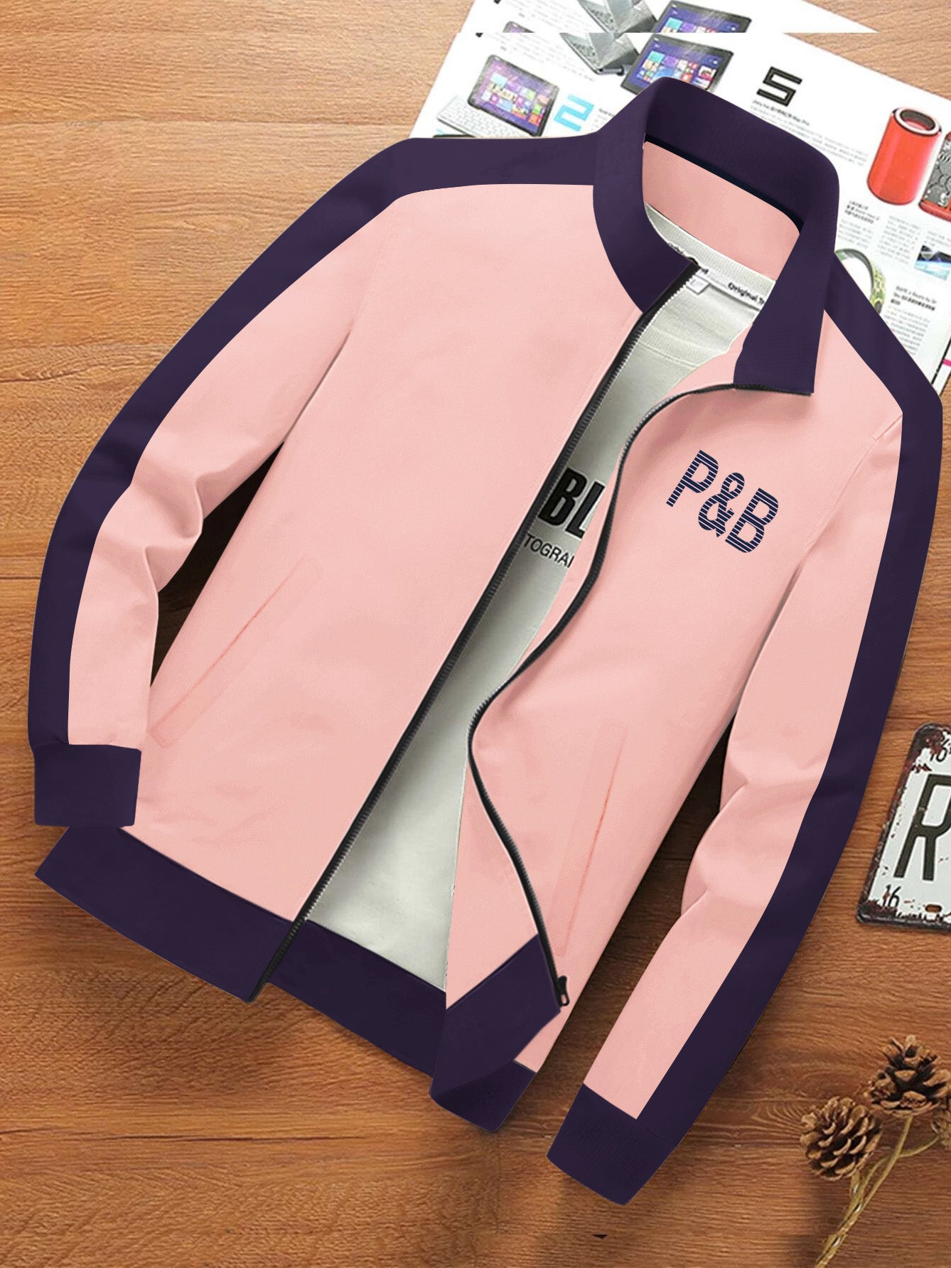P&B Fleece Zipper Mock Neck Jacket For Men-Peach with Purple-BE532