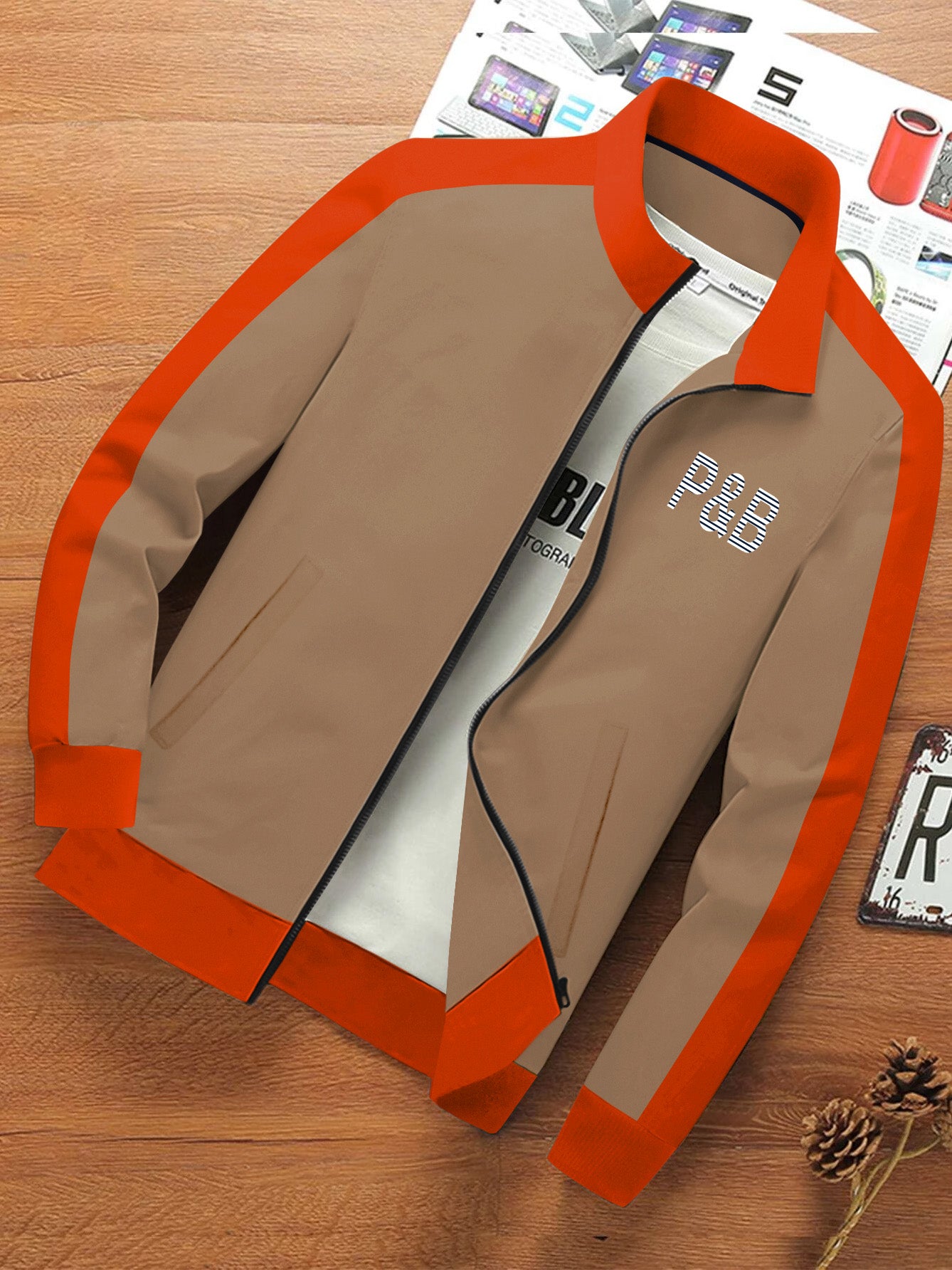 P&B Fleece Zipper Mock Neck Jacket For Men-Camel with Orange-BE564