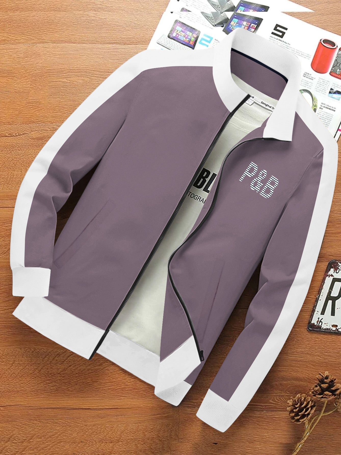 P&B Terry Fleece Zipper Mock Neck Jacket For Men-Dark Tea Pink with White-BE575