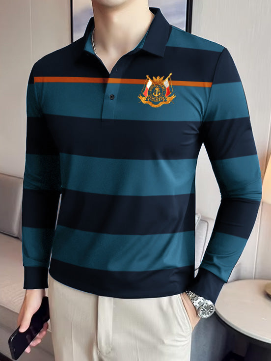 Louis Vicaci Long Sleeve Polo Shirt For Men-Prussian Blue with Navy-BE83/BR901