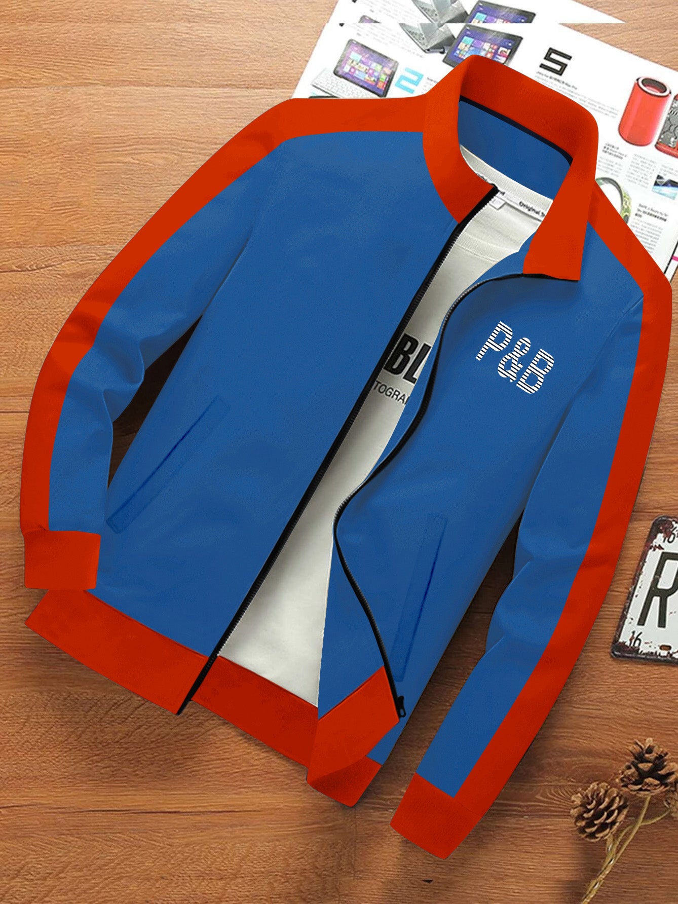 P&B Fleece Zipper Mock Neck Jacket For Men-Blue with Orange-BE561